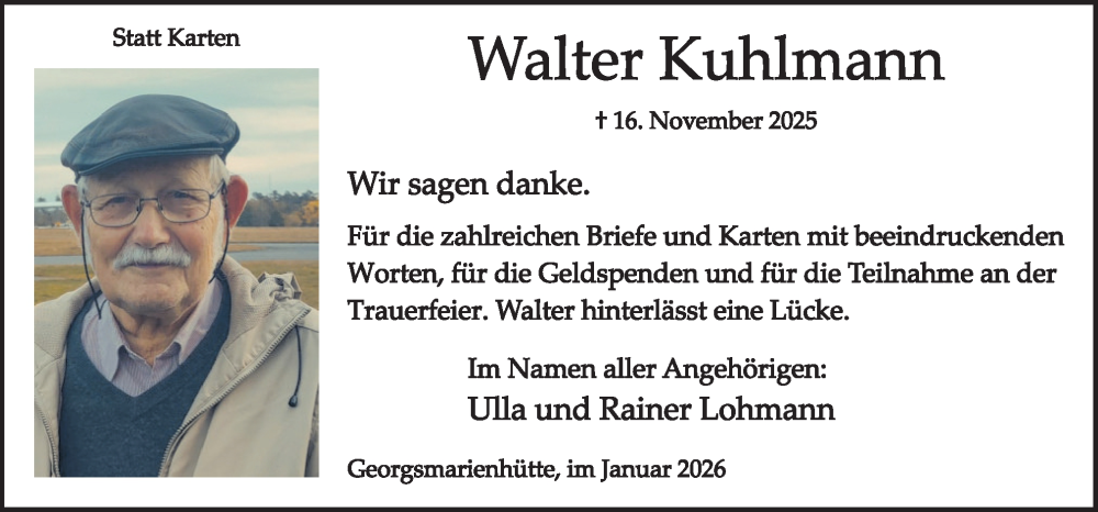  Traueranzeige für Walter Kuhlmann vom 10.01.2026 aus Neue Osnabrücker Zeitung GmbH & Co. KG