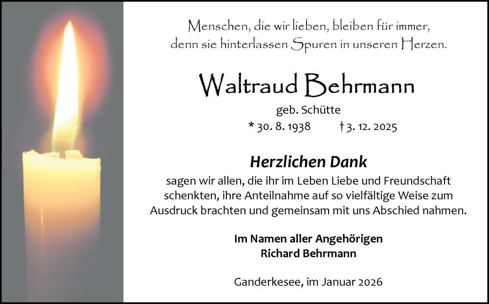 Traueranzeige für Waltraud Behrmann vom 17.01.2026 aus DK Medien GmbH & Co. KG