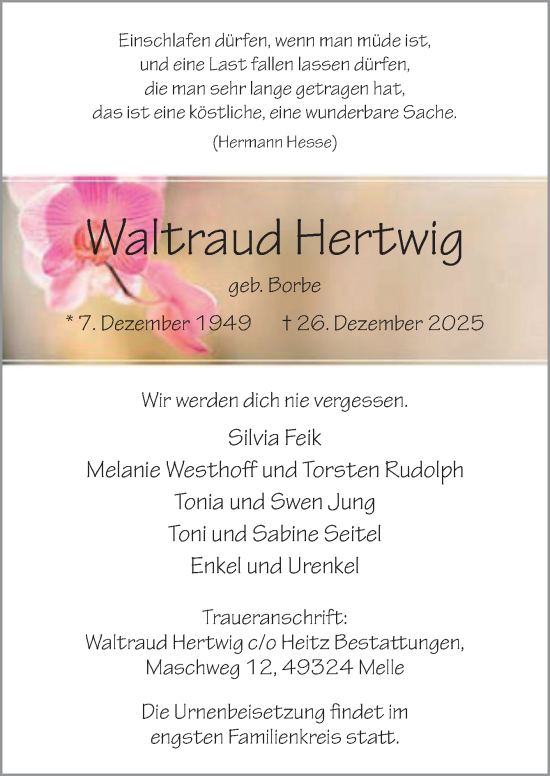 Traueranzeige von Waltraud Hertwig von Neue Osnabrücker Zeitung GmbH & Co. KG