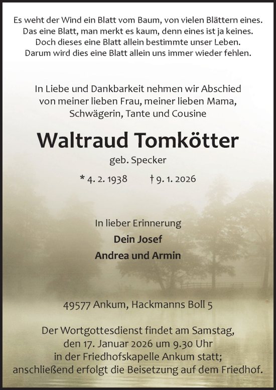 Traueranzeige von Waltraud Tomkötter von Neue Osnabrücker Zeitung GmbH & Co. KG