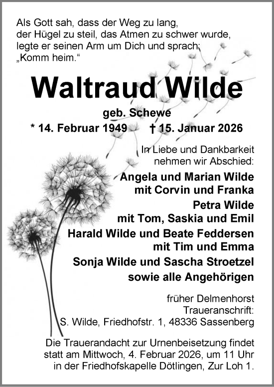 Traueranzeige von Waltraud Wilde von DK Medien GmbH & Co. KG