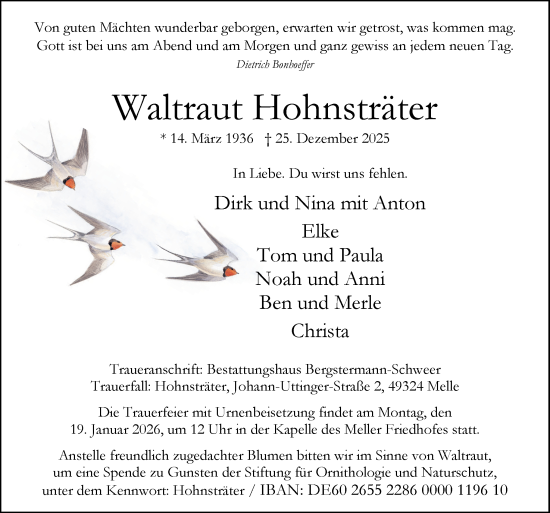 Traueranzeige von Waltraut Hohnsträter von Neue Osnabrücker Zeitung GmbH & Co. KG