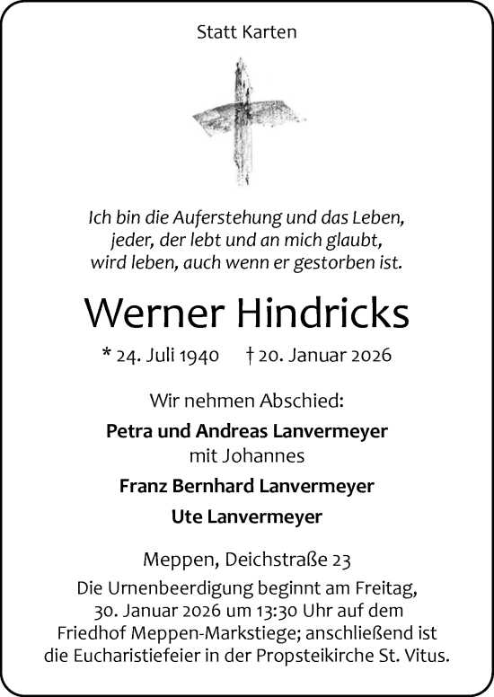 Traueranzeige von Werner Hindricks von Neue Osnabrücker Zeitung GmbH & Co. KG