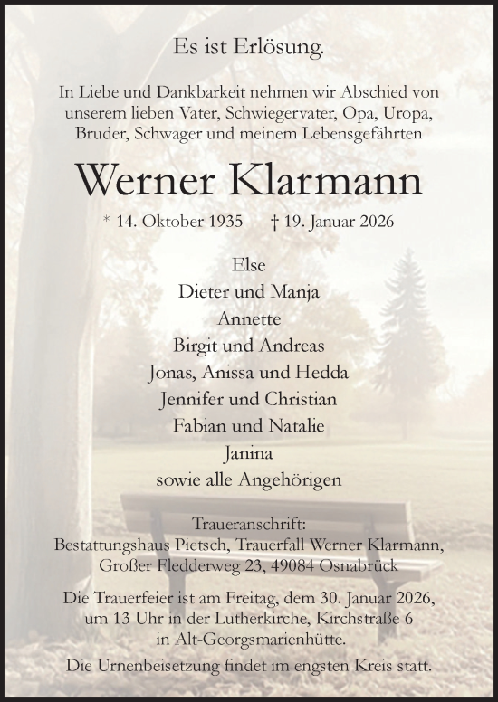 Traueranzeige von Werner Klarmann von Neue Osnabrücker Zeitung GmbH & Co. KG
