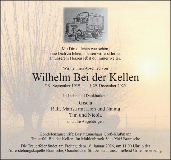 Traueranzeige von Wilhelm Bei der Kellen von Neue Osnabrücker Zeitung GmbH & Co. KG