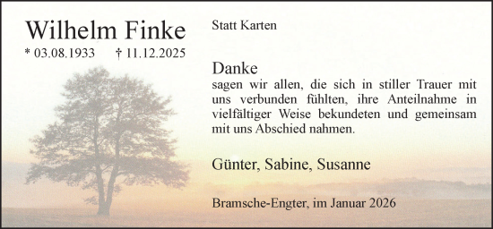 Traueranzeige von Wilhelm Finke von Neue Osnabrücker Zeitung GmbH & Co. KG