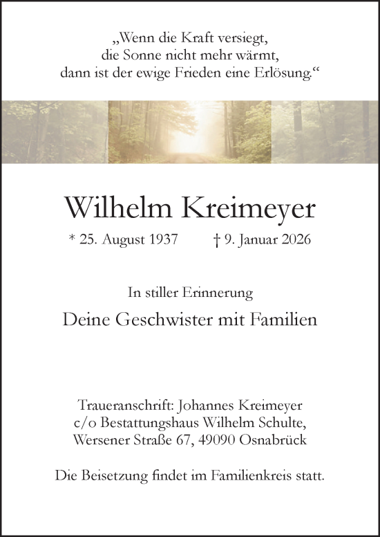 Traueranzeige von Wilhelm Kreimeyer von Neue Osnabrücker Zeitung GmbH & Co. KG