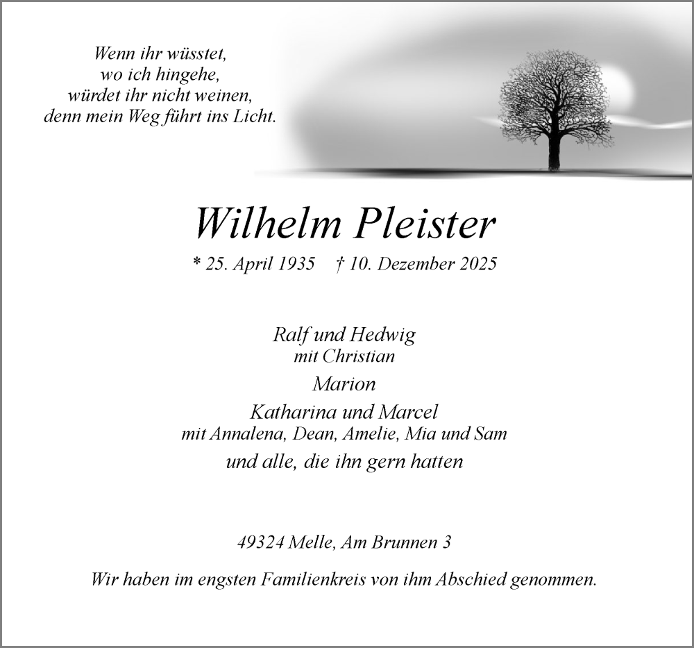  Traueranzeige für Wilhelm Pleister vom 17.01.2026 aus Neue Osnabrücker Zeitung GmbH & Co. KG