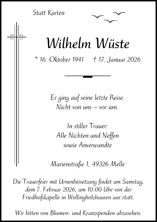 Traueranzeige von Wilhelm Wüste von Neue Osnabrücker Zeitung GmbH & Co. KG