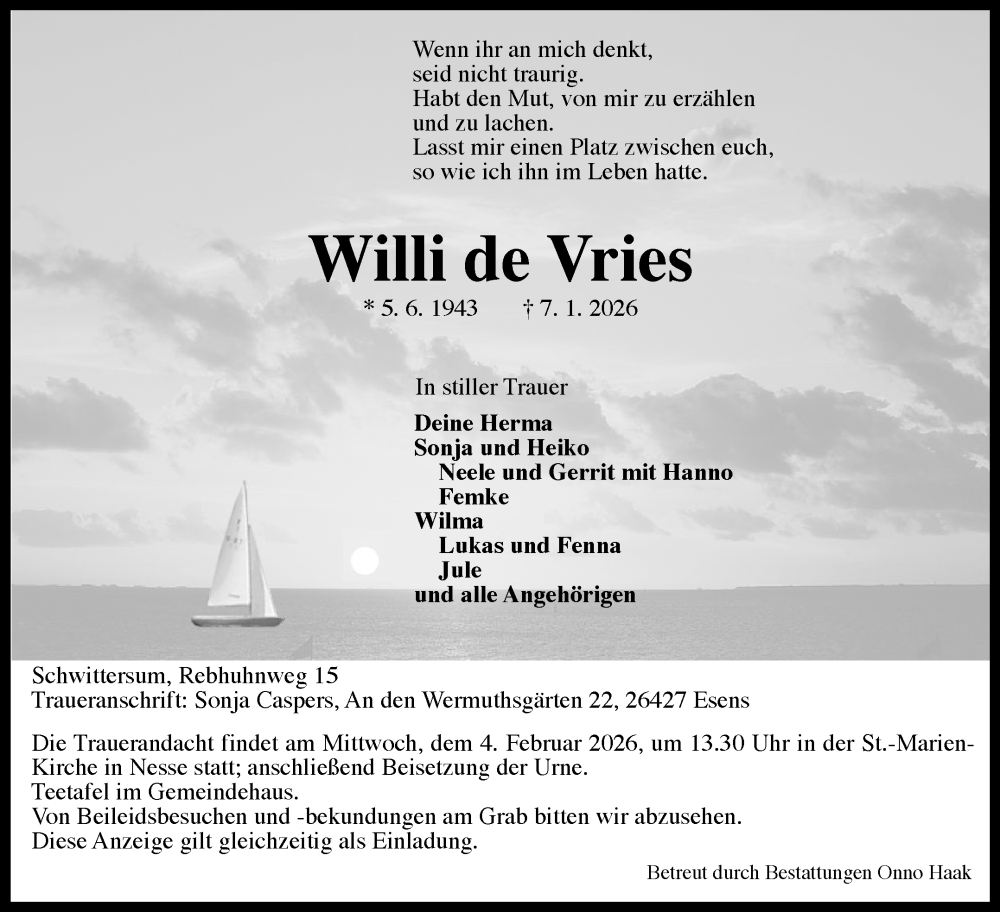  Traueranzeige für Willi de Vries vom 29.01.2026 aus Ostfriesischer Kurier GmbH
