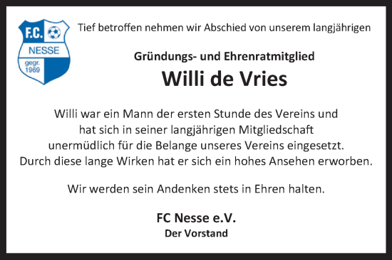 Traueranzeige von Willi de Vries von Ostfriesischer Kurier GmbH