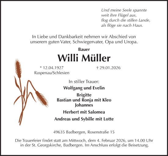 Traueranzeige von Willi Müller von Neue Osnabrücker Zeitung GmbH & Co. KG
