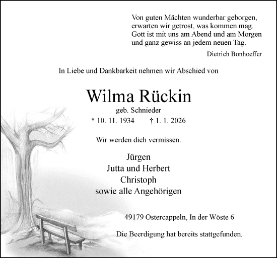 Traueranzeige von Wilma Rückin von Neue Osnabrücker Zeitung GmbH & Co. KG