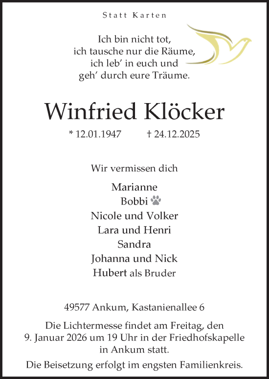 Traueranzeige von Winfried Klöcker von Neue Osnabrücker Zeitung GmbH & Co. KG