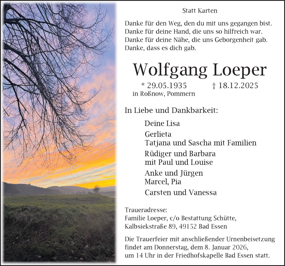  Traueranzeige für Wolfgang Loeper vom 03.01.2026 aus Neue Osnabrücker Zeitung GmbH & Co. KG