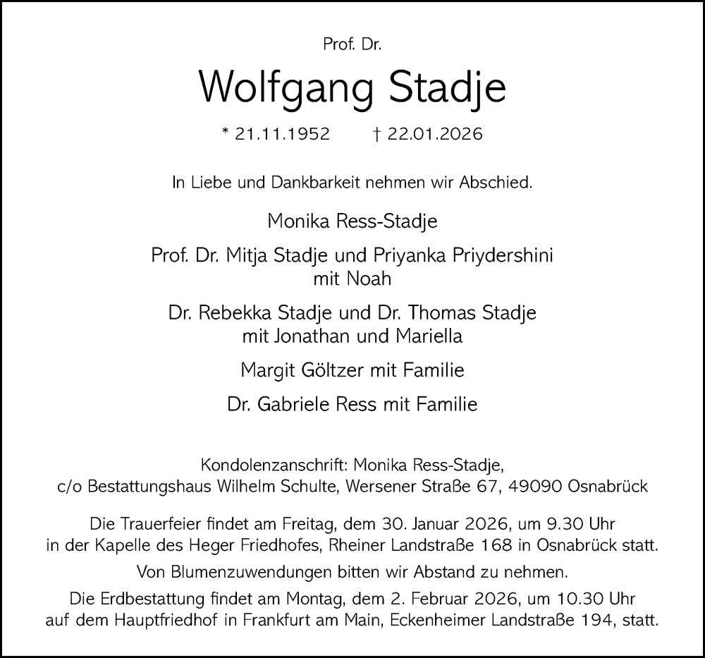  Traueranzeige für Wolfgang Stadje vom 24.01.2026 aus Neue Osnabrücker Zeitung GmbH & Co. KG