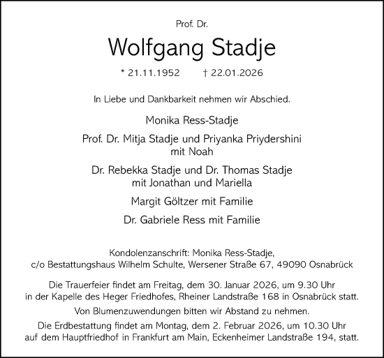 Traueranzeige von Wolfgang Stadje von Neue Osnabrücker Zeitung GmbH & Co. KG