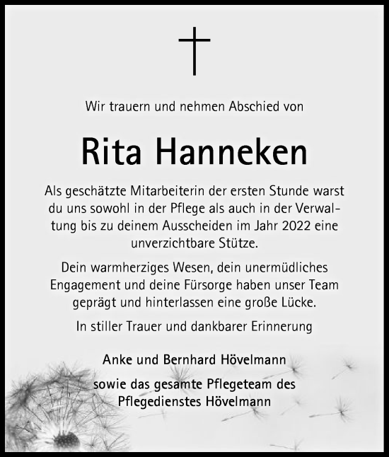 Traueranzeige von Rita Hanneken von Neue Osnabrücker Zeitung GmbH & Co. KG