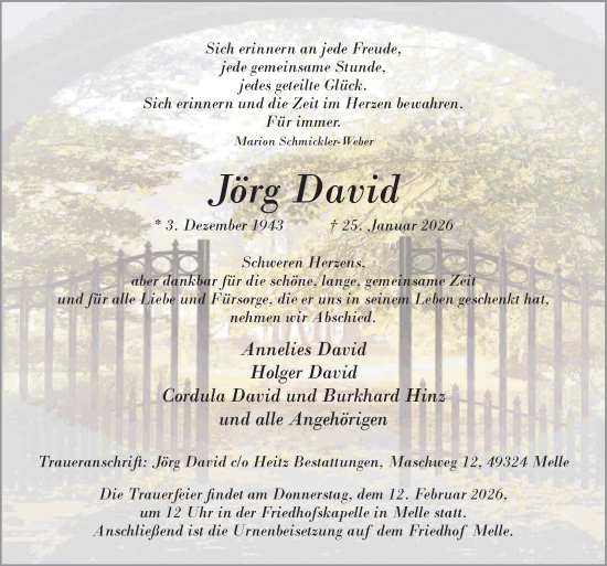 Traueranzeige von Jörg David von Neue Osnabrücker Zeitung GmbH & Co. KG