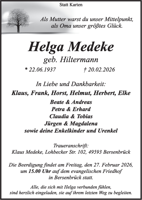 Traueranzeige von Helga Medeke von Neue Osnabrücker Zeitung GmbH &amp; Co. KG