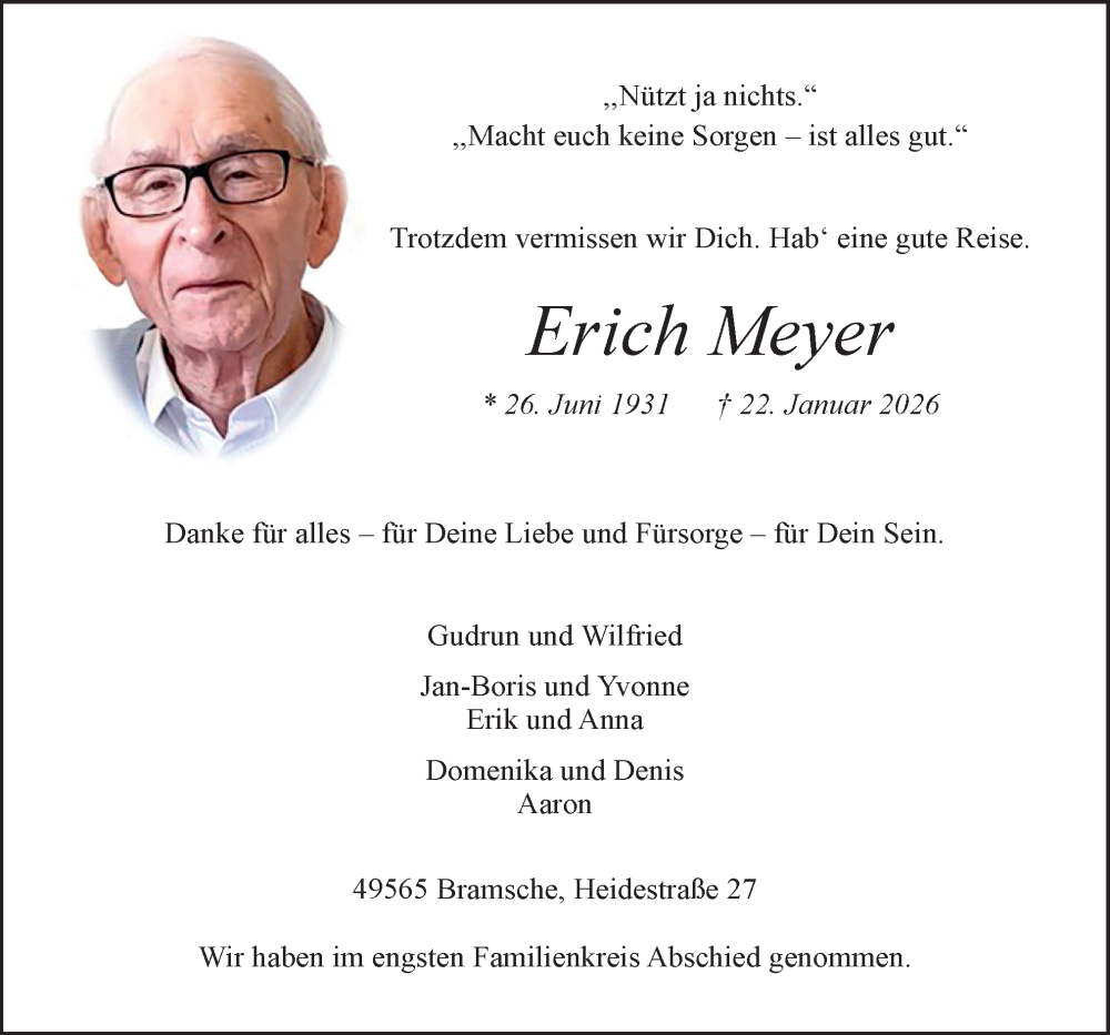  Traueranzeige für Erich Meyer vom 31.01.2026 aus Neue Osnabrücker Zeitung GmbH & Co. KG