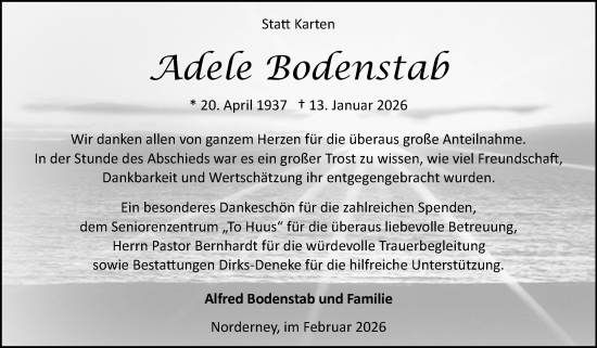 Traueranzeige von Adele Bodenstab von Ostfriesischer Kurier / Norderneyer Badezeitung
