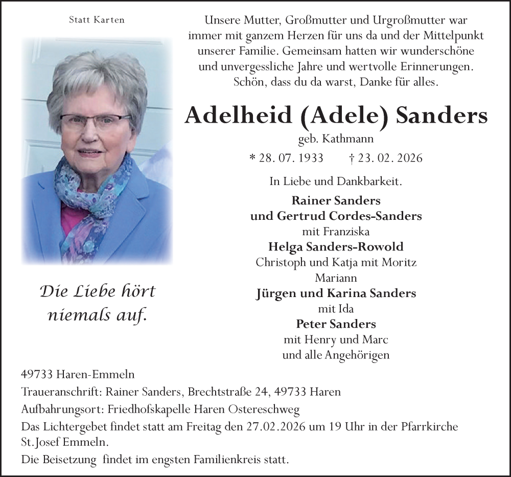  Traueranzeige für Adelheid Sanders vom 25.02.2026 aus Neue Osnabrücker Zeitung GmbH & Co. KG
