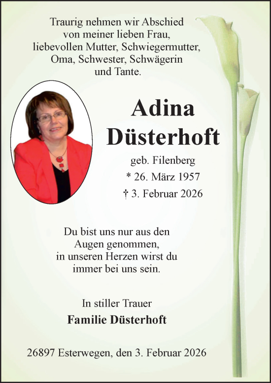 Traueranzeige von Adina Düsterhoft von Neue Osnabrücker Zeitung GmbH & Co. KG