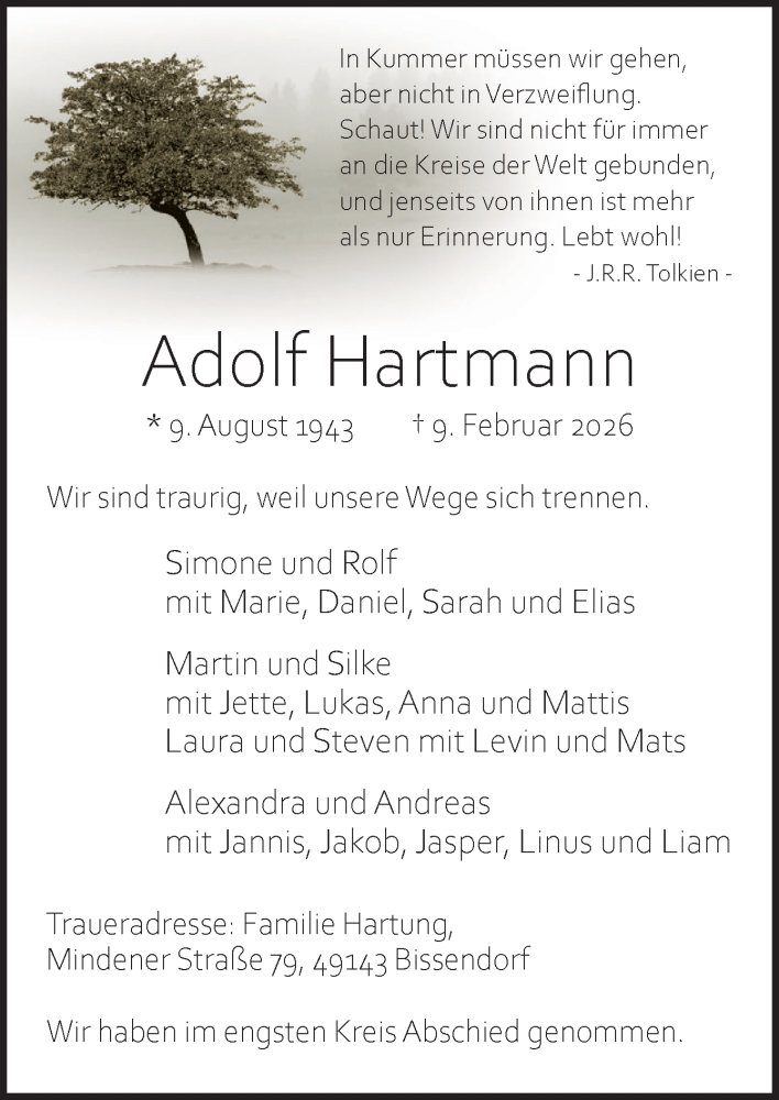  Traueranzeige für Adolf Hartmann vom 21.02.2026 aus Neue Osnabrücker Zeitung GmbH & Co. KG