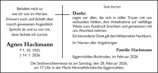 Traueranzeige von Agnes Hackmann von Neue Osnabrücker Zeitung GmbH & Co. KG