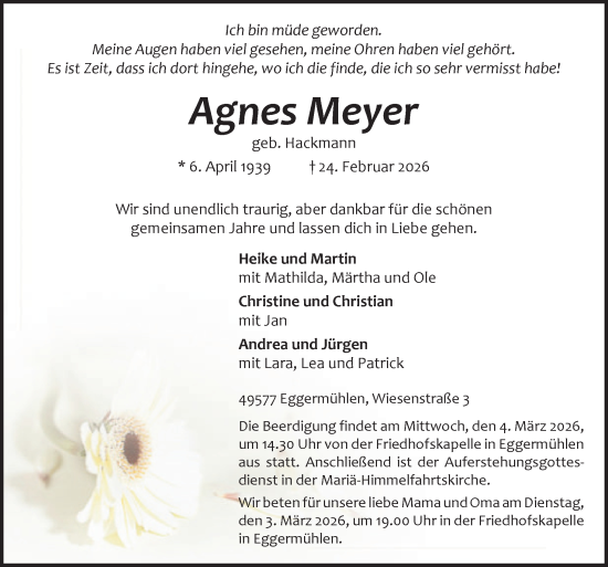 Traueranzeige von Agnes Meyer von Neue Osnabrücker Zeitung GmbH & Co. KG