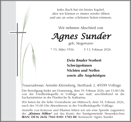 Traueranzeige von Agnes Sunder von Neue Osnabrücker Zeitung GmbH & Co. KG