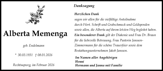 Traueranzeige von Alberta Memenga von Ostfriesischer Kurier GmbH