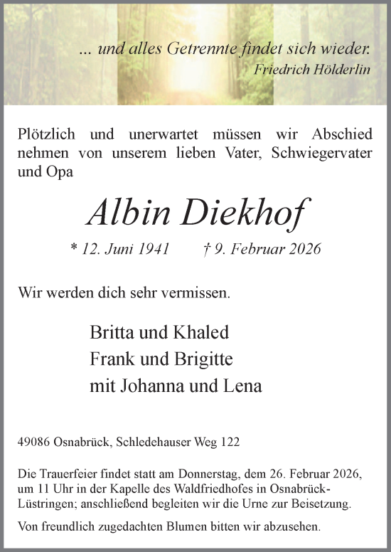 Traueranzeige von Albin Diekhof von Neue Osnabrücker Zeitung GmbH & Co. KG