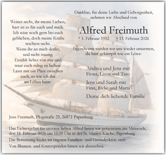Traueranzeige von Alfred Freimuth von Neue Osnabrücker Zeitung GmbH & Co. KG
