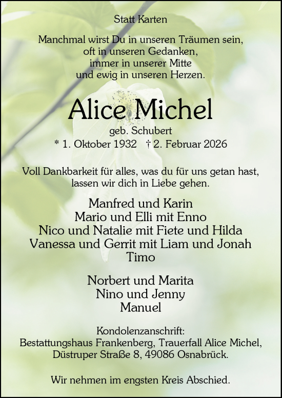 Traueranzeige von Alice Michel von Neue Osnabrücker Zeitung GmbH & Co. KG
