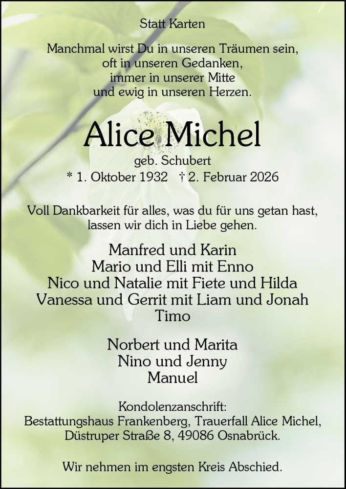  Traueranzeige für Alice Michel vom 07.02.2026 aus Neue Osnabrücker Zeitung GmbH & Co. KG