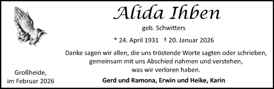 Traueranzeige von Alida Ihben von Ostfriesischer Kurier / Norderneyer Badezeitung