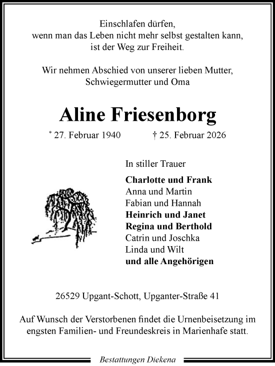 Traueranzeige von Aline Friesenborg von Ostfriesischer Kurier GmbH