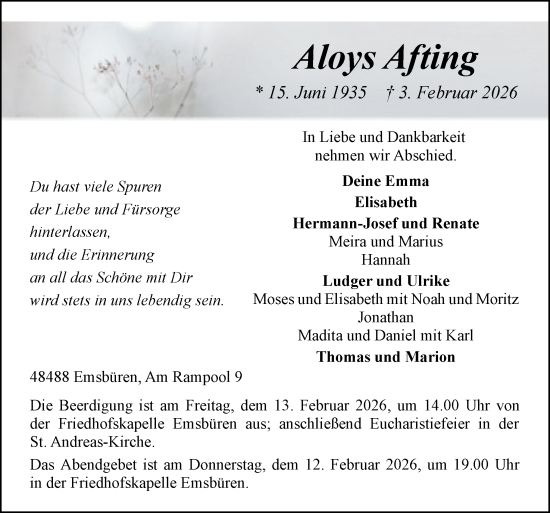 Traueranzeige von Aloys Afting von Neue Osnabrücker Zeitung GmbH & Co. KG
