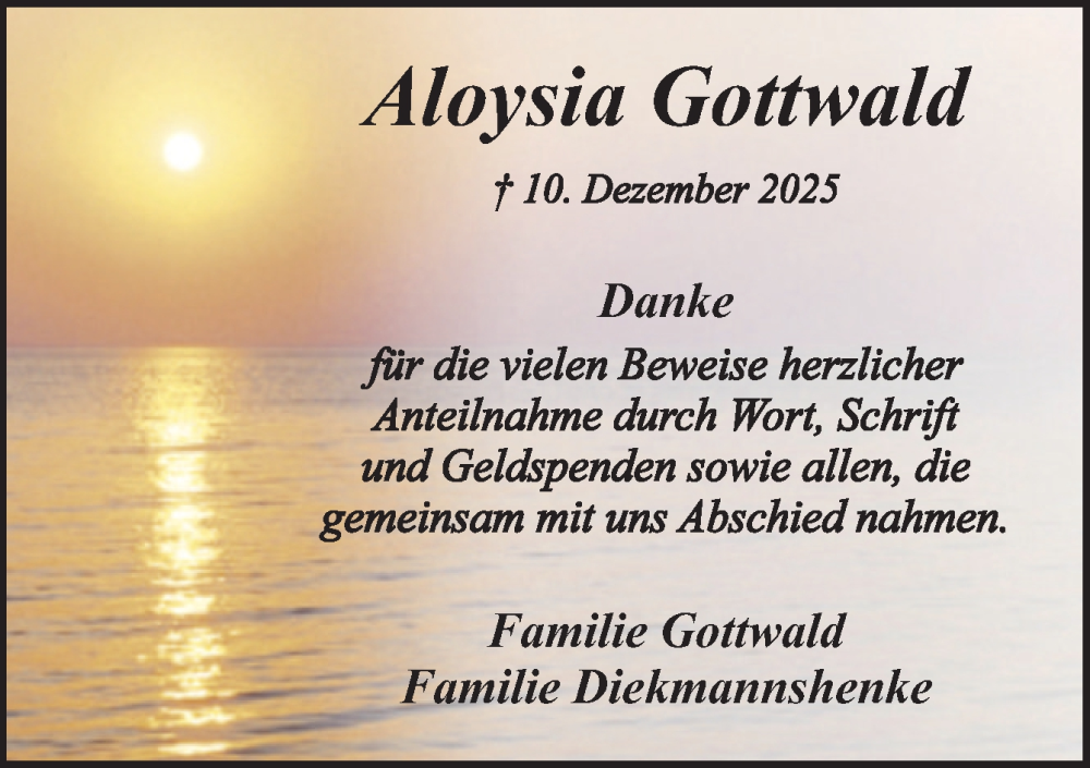  Traueranzeige für Aloysia Gottwald vom 31.01.2026 aus Neue Osnabrücker Zeitung GmbH & Co. KG