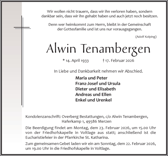 Traueranzeige von Alwin Tenambergen von Neue Osnabrücker Zeitung GmbH &amp; Co. KG