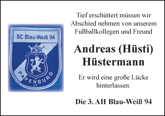Traueranzeige von Andreas Hüstermann von Neue Osnabrücker Zeitung GmbH & Co. KG