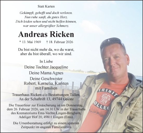 Traueranzeige von Andreas Ricken von Neue Osnabrücker Zeitung GmbH & Co. KG