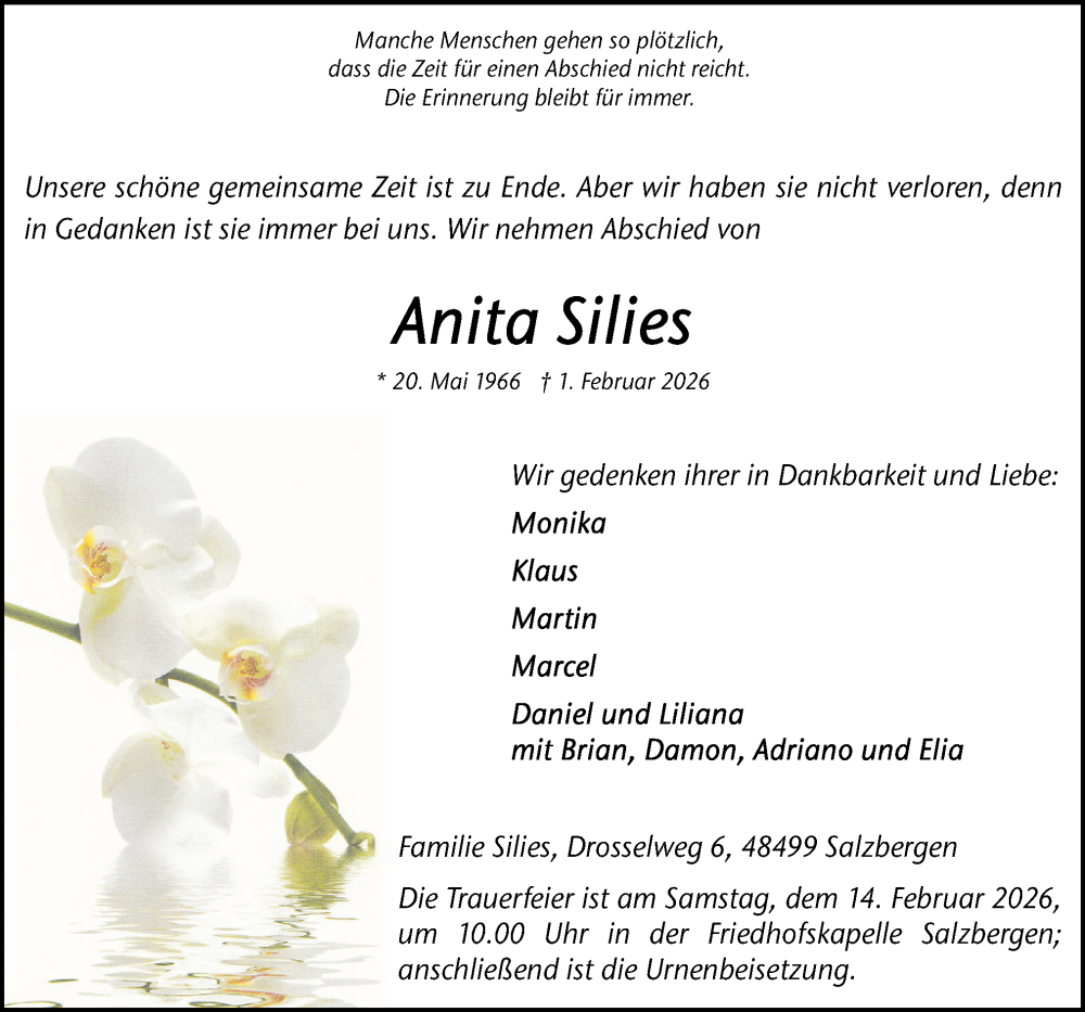  Traueranzeige für Anita Silies vom 07.02.2026 aus Neue Osnabrücker Zeitung GmbH & Co. KG