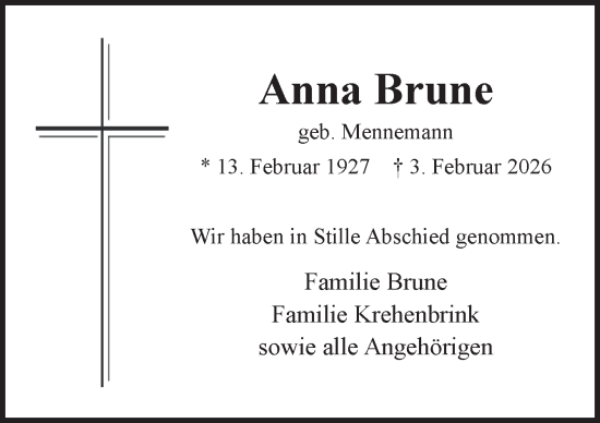 Traueranzeige von Anna Brune von Neue Osnabrücker Zeitung GmbH & Co. KG
