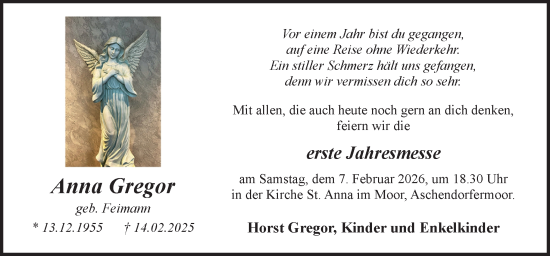 Traueranzeige von Anna Gregor von Neue Osnabrücker Zeitung GmbH & Co. KG