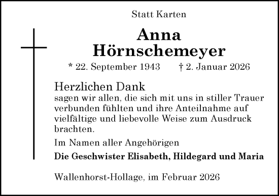 Traueranzeige von Anna Hörnschemeyer von Neue Osnabrücker Zeitung GmbH & Co. KG