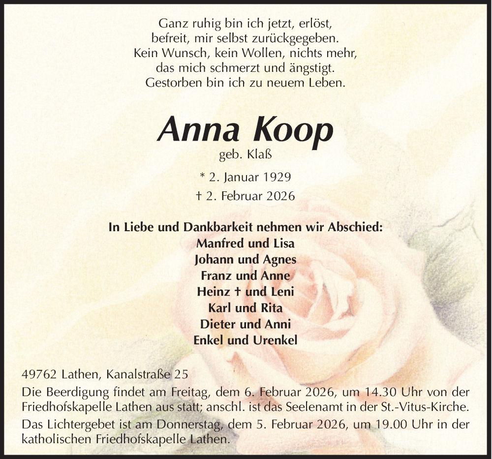  Traueranzeige für Anna Koop vom 05.02.2026 aus Neue Osnabrücker Zeitung GmbH & Co. KG