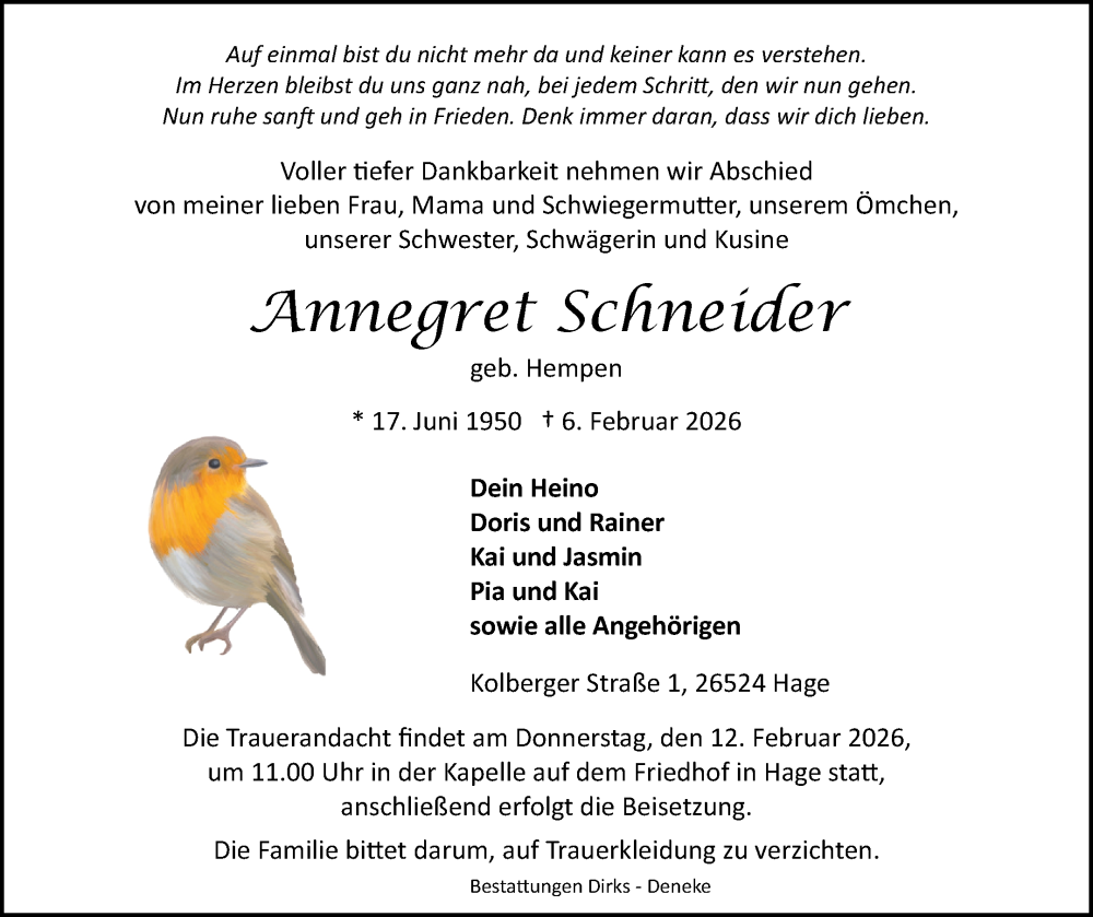  Traueranzeige für Annegret Schneider vom 10.02.2026 aus Ostfriesischer Kurier GmbH